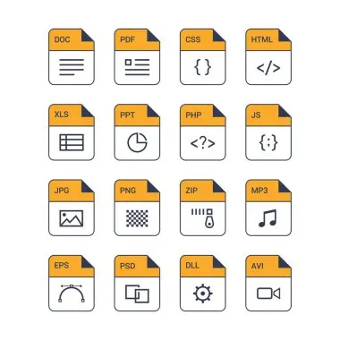 several representations of a file as a sheet of paper different file format tags on them