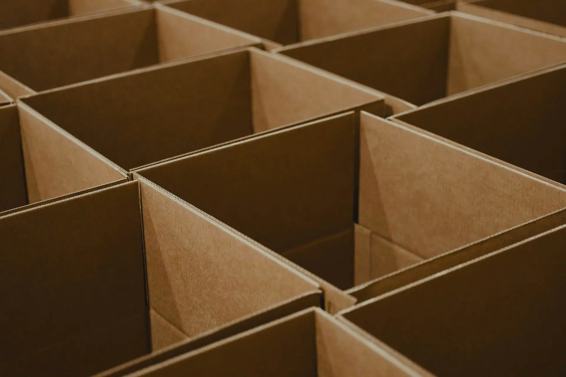 rows of cardboard boxes with their tops open