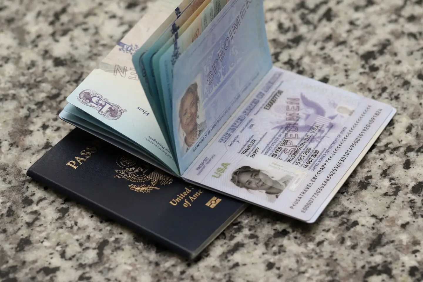 Passport open on a desk